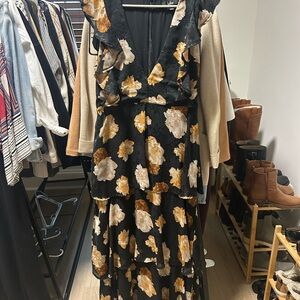 Lulu's Black Maxi Dress with Gold Floral Design